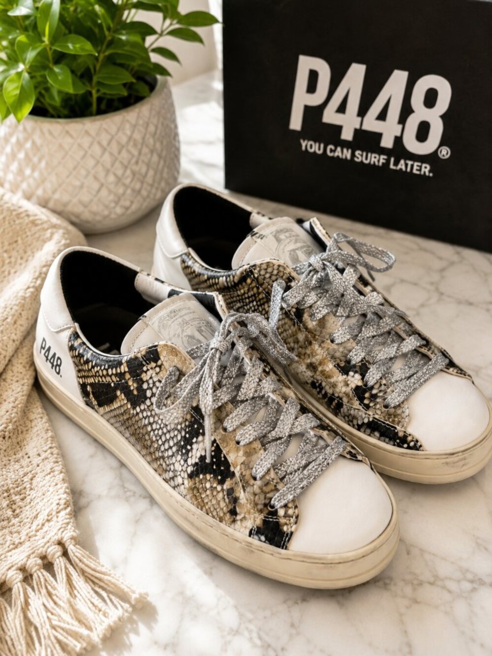 P448 Made in Italy Snakeskin Leather Sneakers Glitter Laces EU 38 US 7.5-8